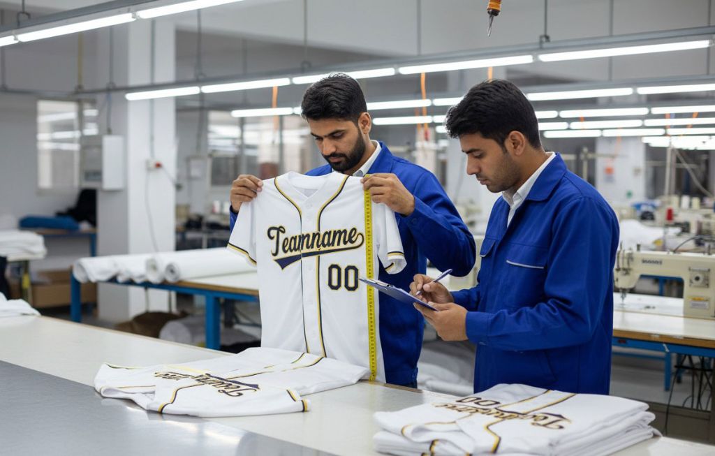 Team inspecting custom jersey measurements